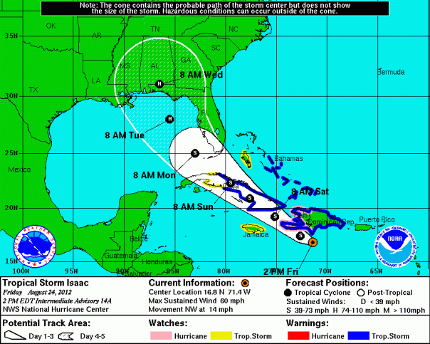 Tropical Storm Isaac projected path as of 2pm Friday