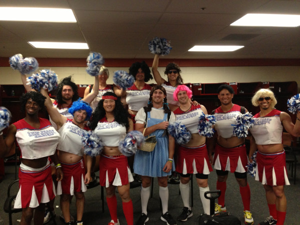 Presenting the 2012 #RedSox Rookies! Team tradition rookie hazing for last road trip.  (Red Sox Twitter feed)